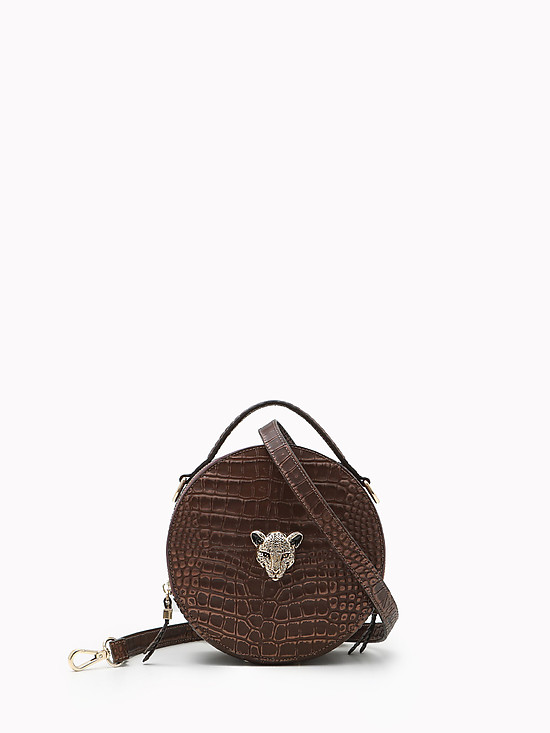 Круглая коньячно-коричневая сумка-боулер из кожи под крокодила  KELLEN