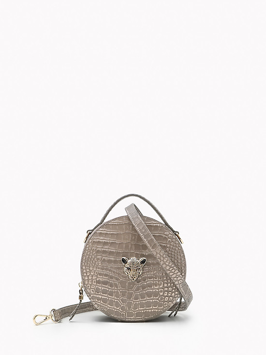 Круглая серо-бежевая сумка-боулер из кожи под крокодила  KELLEN