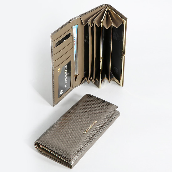 Серебристо-серый кожаный бумажник на кнопке  Di Gregorio