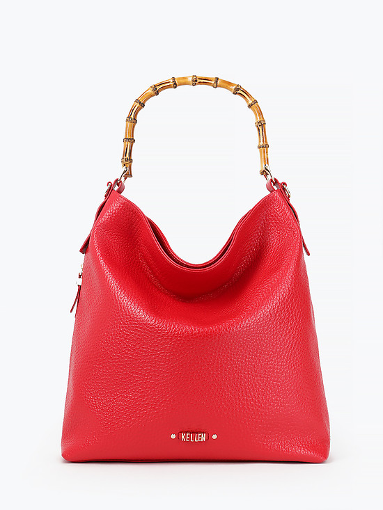 Красная сумка-хобо из мягкой кожи с бамбуковой ручкой  KELLEN