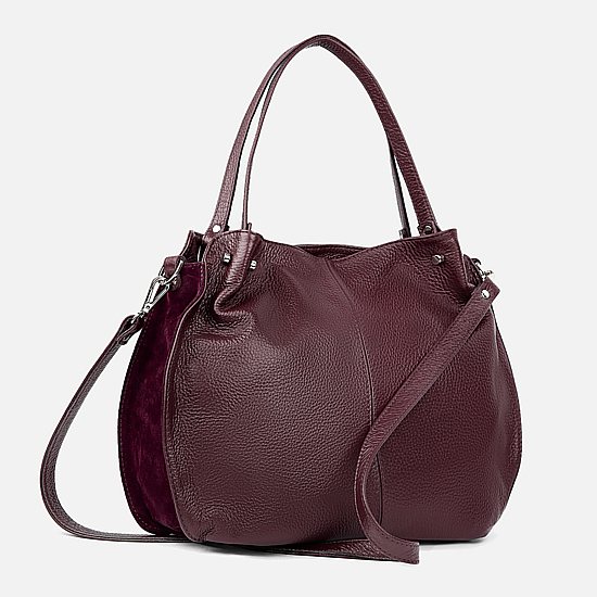 Мягкая вместительная сумка из натуральной кожи бордового цвета со вставками из замши  RO&NA