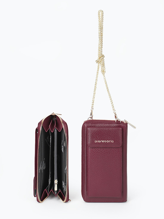 Бордовая кожаная микро-сумочка - кошелек с цепочкой на шею  Di Gregorio