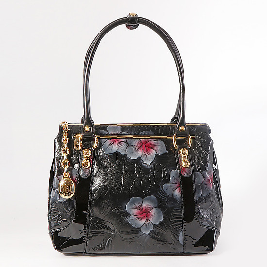 Черная классическая сумка-тоут из плотной кожи с объемным цветочным тиснением и принтом  Marino Orlandi