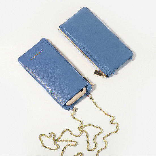 Синяя сумочка-кошелек из мягкой кожи с цепочкой на шею  Di Gregorio