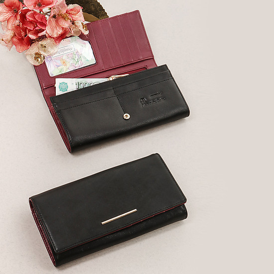 Горизонтальный кошелек из мягкой черной и бордовой кожи с застежкой на металлической кнопке  Alessandro Beato