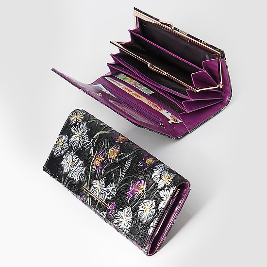 Горизонтальный черный кожаный кошелек с цветочным тиснением и принтом  Alessandro Beato