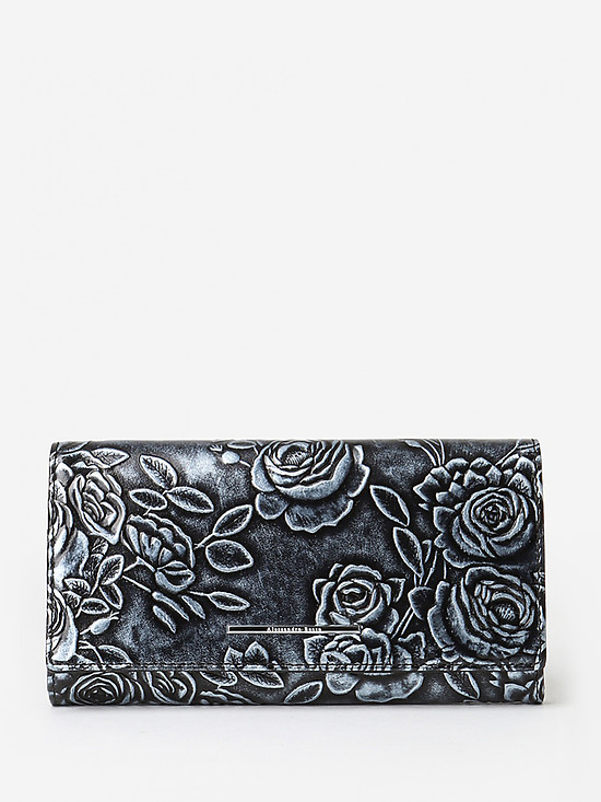 Серебристо-черный горизонтальный кошелек из натуральной кожи с объемным цветочным тиснением и застежкой на металлической кнопке  Alessandro Beato