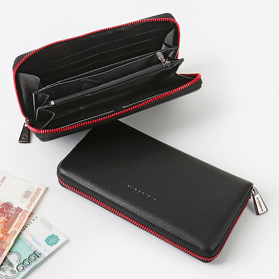 Черный кожаный кошелек-клатч с красной молнией  Di Gregorio