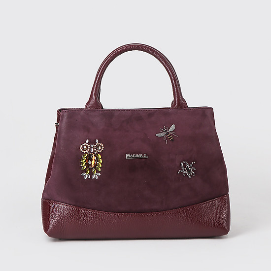 Бордовая сумка-тоут трапеция из кожи и замши с декором из кристаллов Swarovski  Marina Creazioni