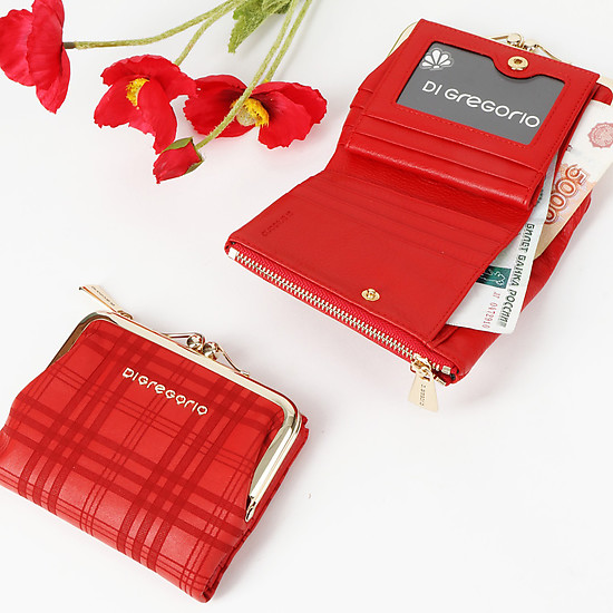 Красный кожаный кошелек с клетчатым принтом  Di Gregorio