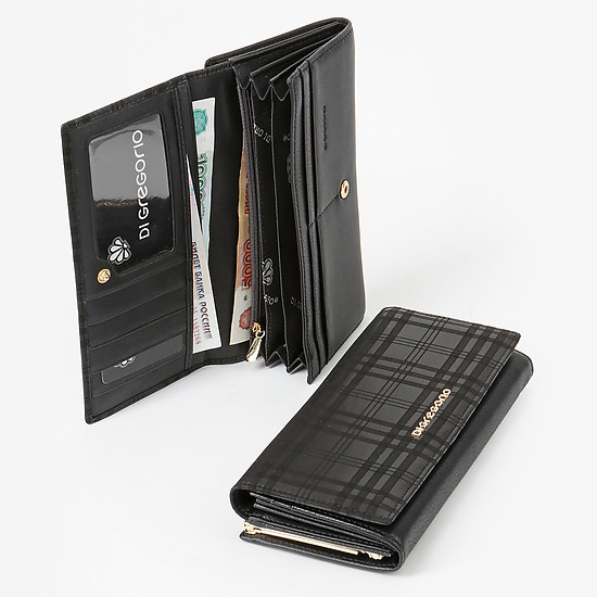 Горизонтальный кожаный бумажник черного цвета с клетчатым прином и внешним отделением на клипсе  Di Gregorio