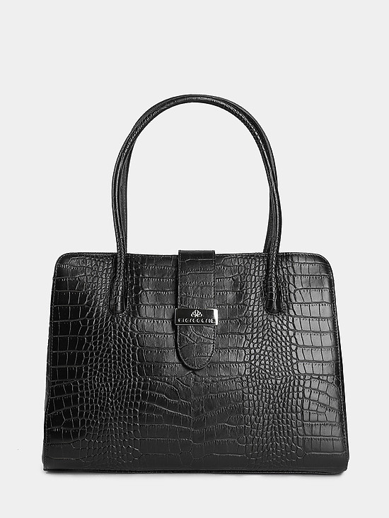 Черная деловая сумка из кожи под крокодила  Di Gregorio