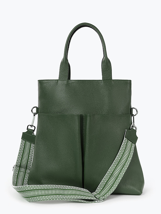 Зеленая сумка-тоут из мягкой кожи с внешними карманами  Folle