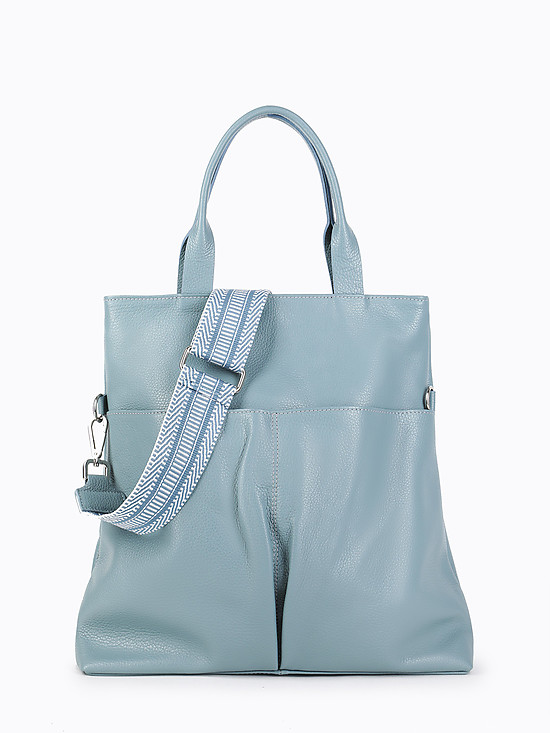Голубая сумка-тоут из мягкой кожи с внешними карманами  Folle