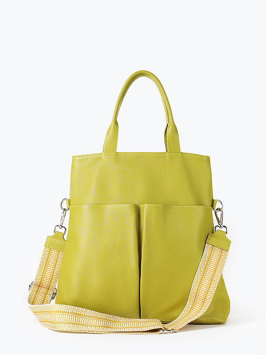 Желто-зеленая сумка-тоут из мягкой кожи с внешними карманами  Folle