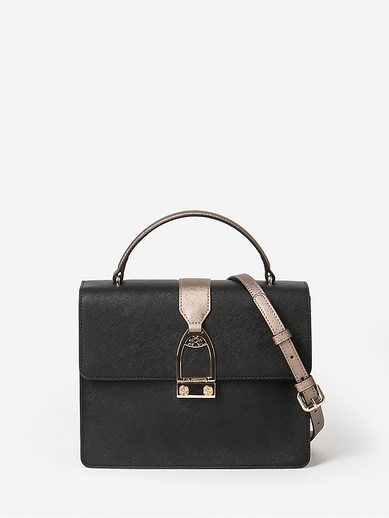 Небольшая квадратная сумка-сэтчел из черной сафьяновой кожи с бронзовыми вставками  La Martina