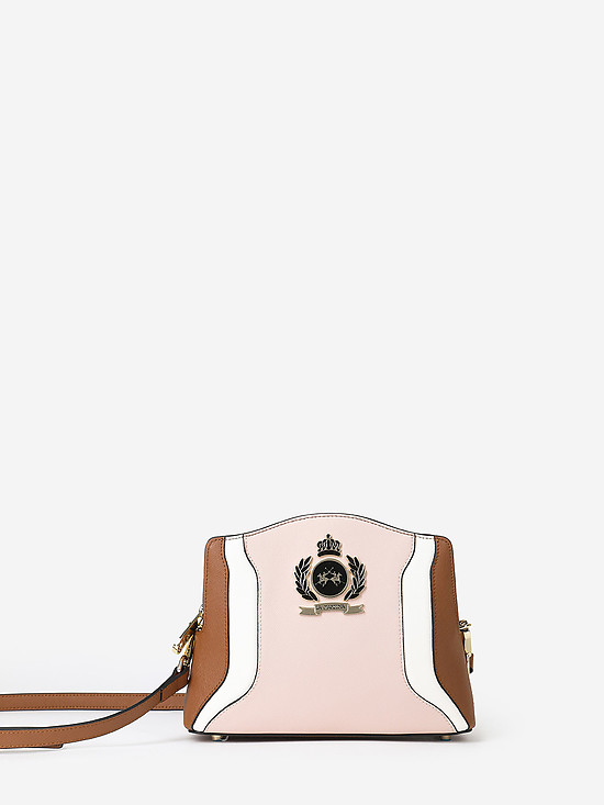 Сумочка кросс-боди в стиле колор-блок из коньячной, белой и пастельно-розовой экокожи  La Martina