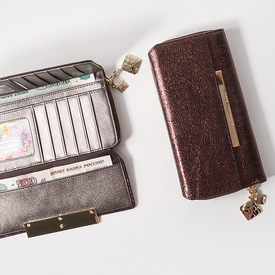 Горизонтальный кошелек на кнопке и молнии из коричневой кожи с эффектом фольги  Alessandro Beato