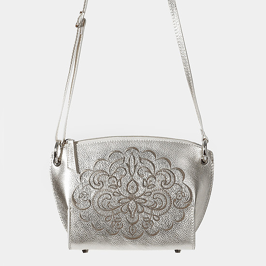 Серебристая кожаная сумочка кросс-боди с узорной вышивкой  Marina Creazioni