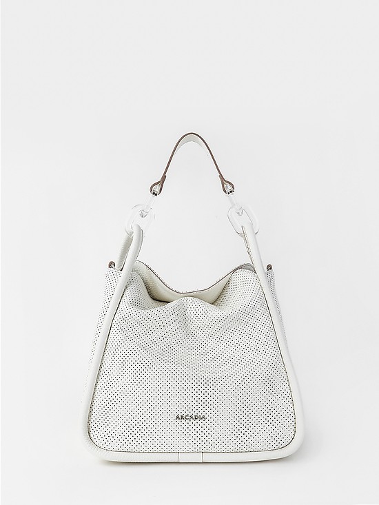 Небольшая белая сумка-хобо из мягкой перфорированной кожи с ручкой на прозрачной цепочке  Arcadia