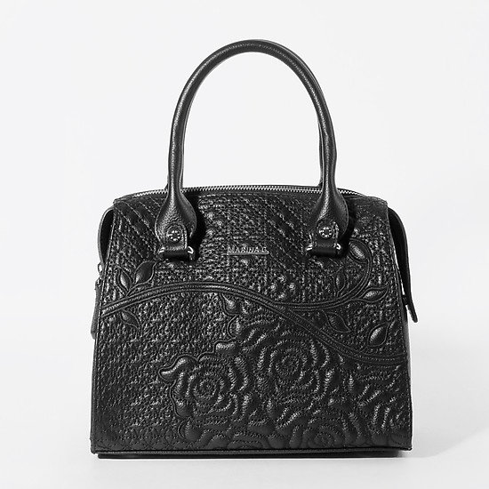 Классическая черная сумка из натуральной кожи с узорной прострочкой  Marina Creazioni