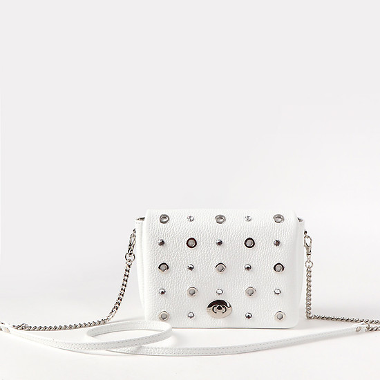 Белая кожаная поясная сумочка - бельтбэг с люверсами и кристаллами Swarovski  Marina Creazioni