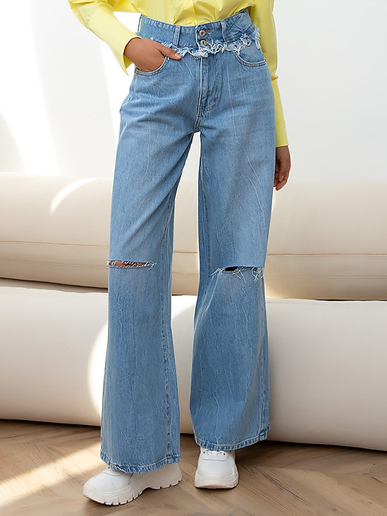Голубые широкие джинсы-клеш с вареным эффектом и прорезями в стиле гранж  Jazy Williams