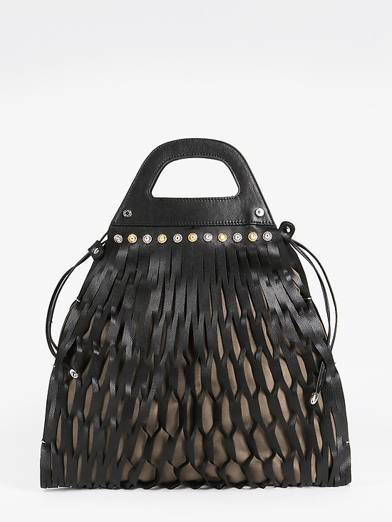 Бежево-черная сумка-авоська из кожи и текстиля  Marina Creazioni