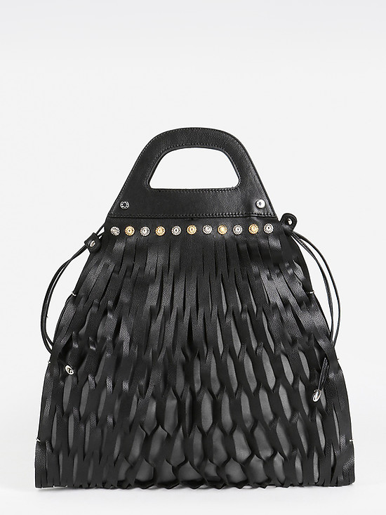 Серо-черная сумка-авоська из кожи и текстиля  Marina Creazioni