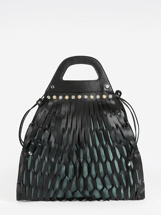 Бирюзово-черная сумка-авоська из кожи и текстиля  Marina Creazioni