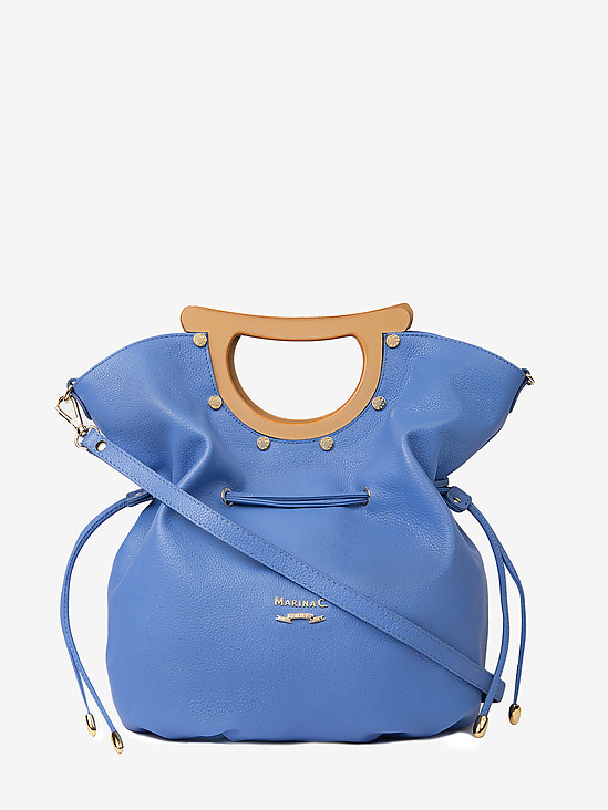 Синяя кожаная сумка среднего размера с деревянными ручками  Marina Creazioni