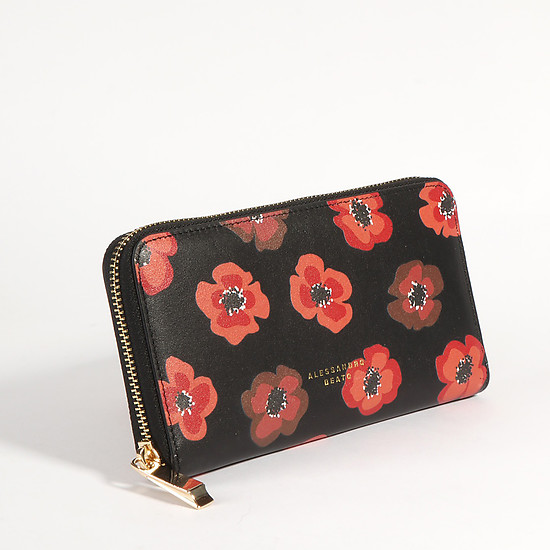 Горизонтальный кожаный кошелек в черном цвете с цветочным принтом  Alessandro Beato