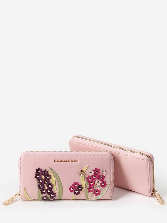Большой кошелек на молнии из розовой кожи с цветочной аппликацией  Alessandro Beato