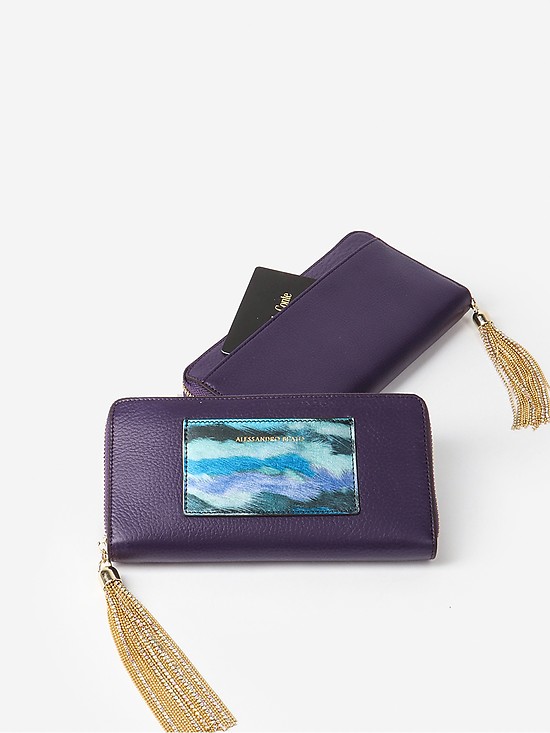 Большой горизонтальный кошелек из фиолетовой кожи на молнии с пуллером со стразами  Alessandro Beato