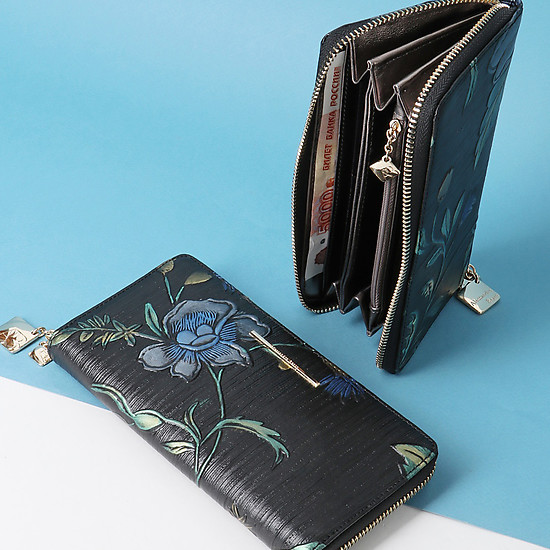 Горизонтальный кожаный бумажник из черной кожи с цветочным тиснением и принтом  Alessandro Beato
