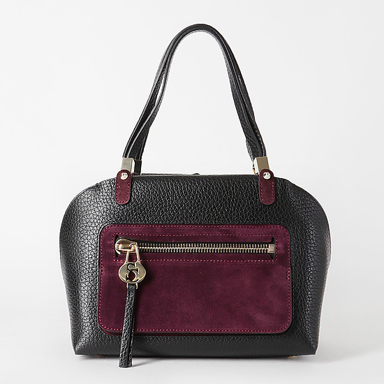 Черная кожаная сумка-тоут трапециевидной формы с замшевым карманом  Carlo Salvatelli