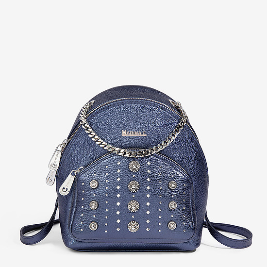 Маленький кожаный рюкзак с заклепками в оттенке синий металлик  Marina Creazioni