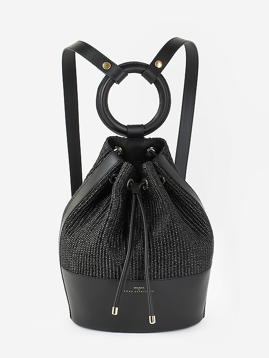Рюкзак-мешок из плетеной соломки и черной кожи с круглой ручкой  Arcadia
