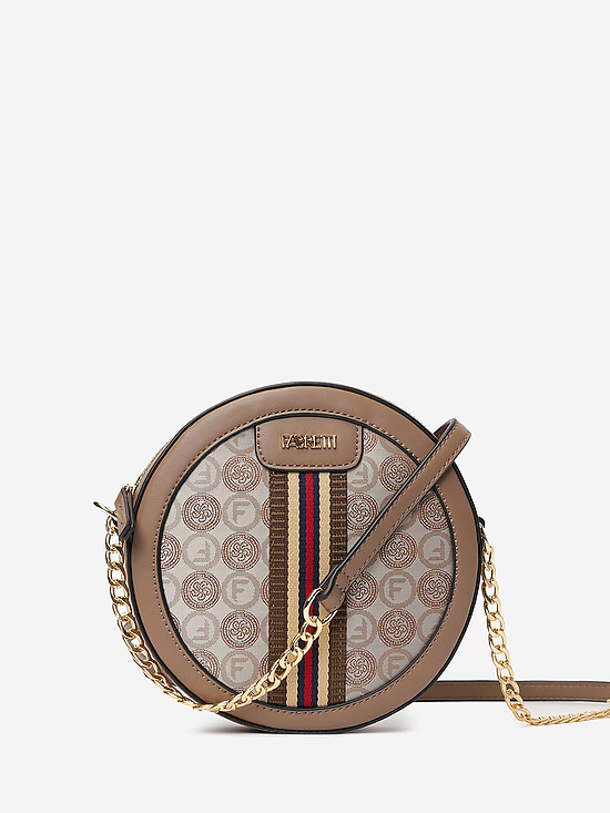 Бежевая круглая сумочка кросс-боди с брендовым принтом  Fabretti