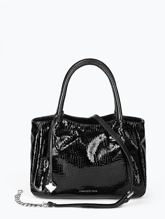 Черная повседневная сумка-тоут из мягкой лаковой кожи под крокодила  Alessandro Beato