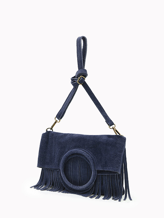 Дизайнерская сумка из темно-синей натуральной замши с бахромой  Folle
