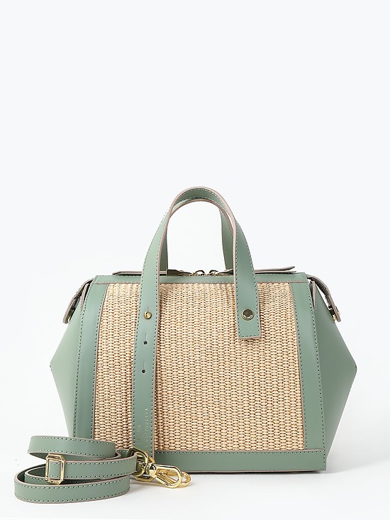 Комбинированная сумка-тоут из плотной мятной кожи и плетеной бежевой рафии  Arcadia