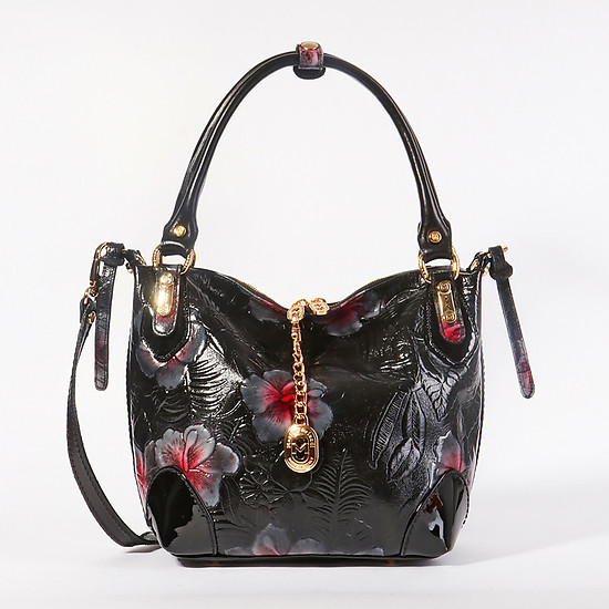 Черная мягкая сумка-тоут из высококачественной кожи с объемным цветочным тиснением и принтом  Marino Orlandi