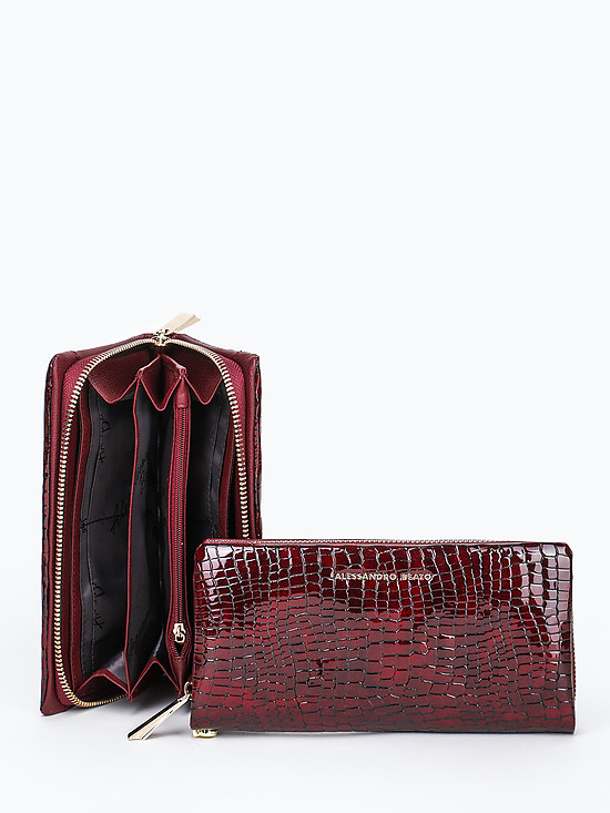 Бордовый кошелек-клатч из лаковой кожи под рептилию  Alessandro Beato