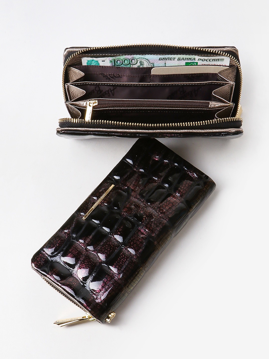 Черный лаковый кошелек-клатч с бордовым перламутром  Alessandro Beato