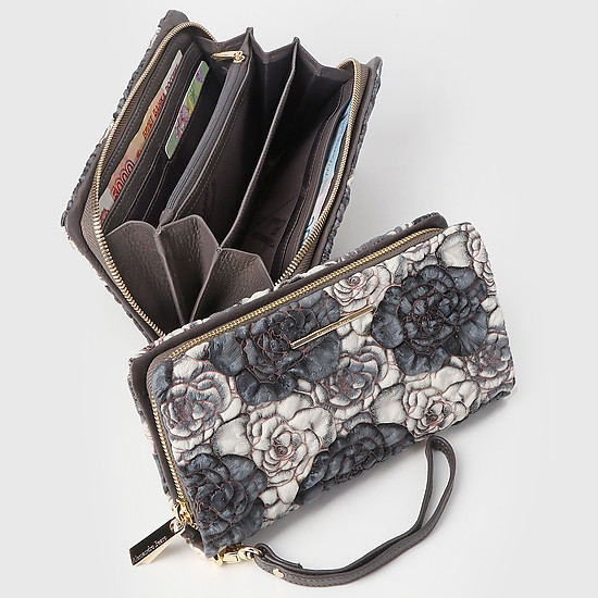 Красивый кожаный кошелек-клатч с объемным тиснением - букле в серых тонах  Alessandro Beato