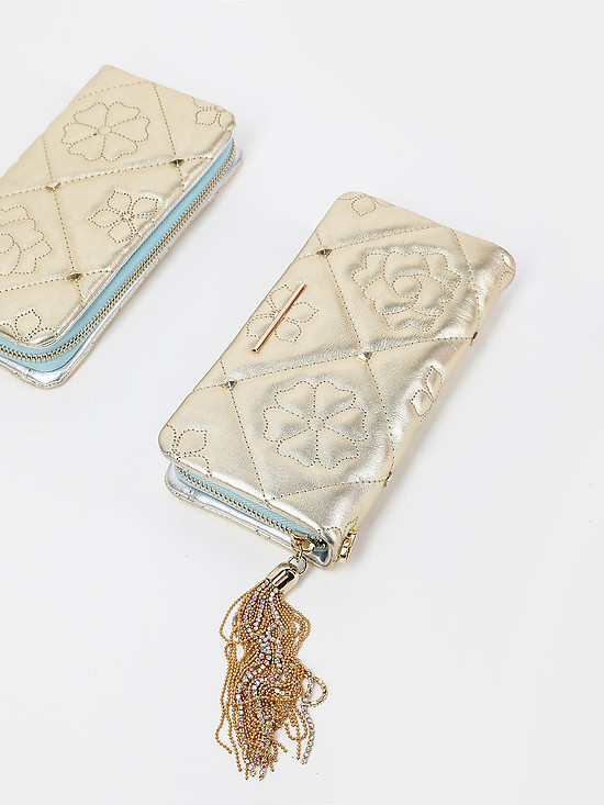 Золотистый кожаный кошелек-клатч с кисточкой со стразами  Alessandro Beato