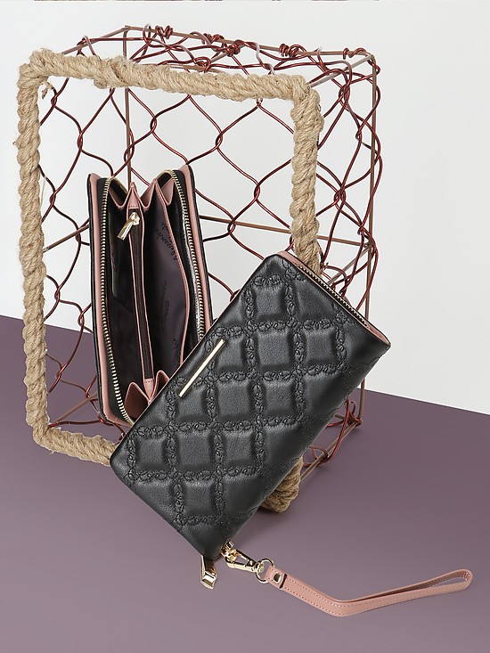 Черный кожаный кошелек-клатч с узорной строчкой  Alessandro Beato