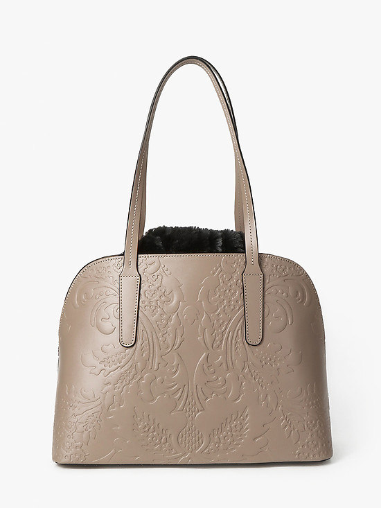 Бежевая сумка-тоут с ручками на плечо из кожи с узором и меховым декором  Arcadia