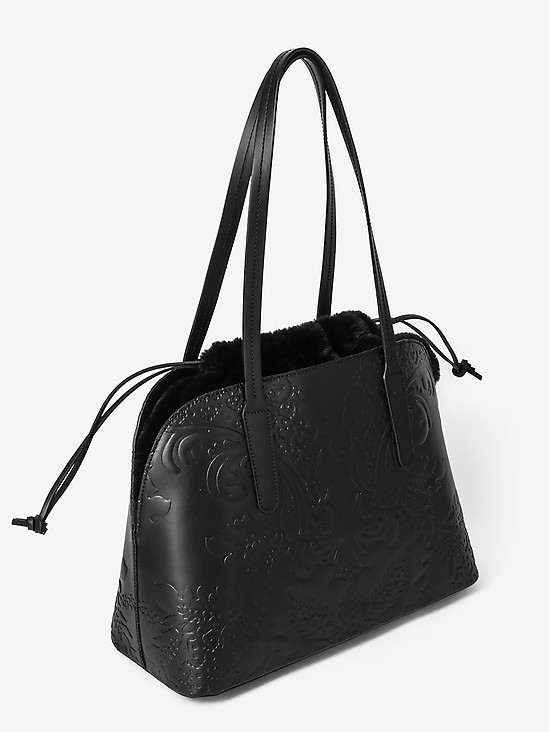 Черная сумка-тоут с ручками на плечо из кожи с узором и меховым декором  Arcadia